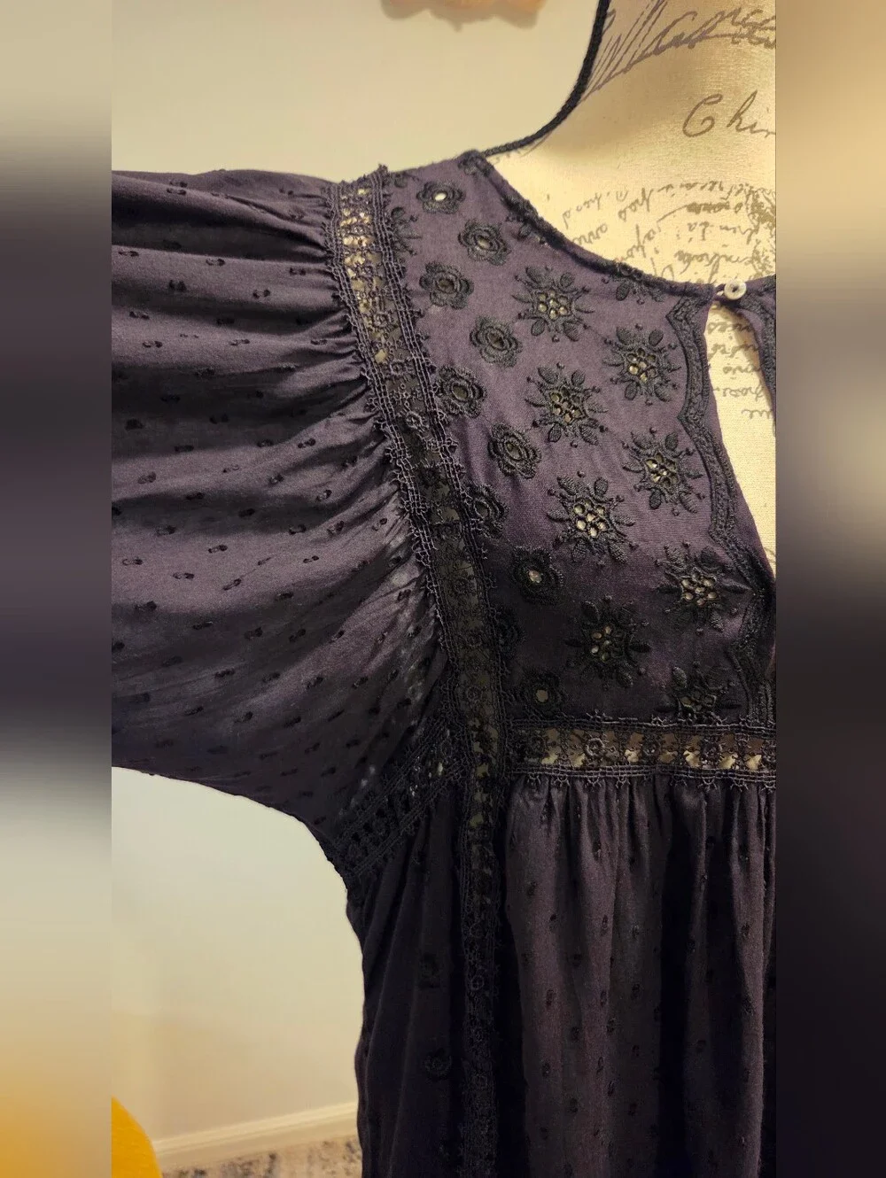 Free People Embroidered Deep Plum Swiss Dot Mini Dress,Size M.